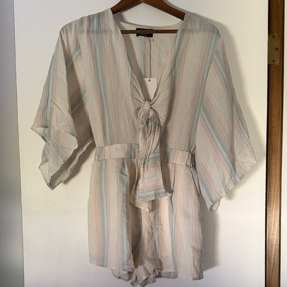 Vici Striped Tie-Front Romper - Cream and Blue